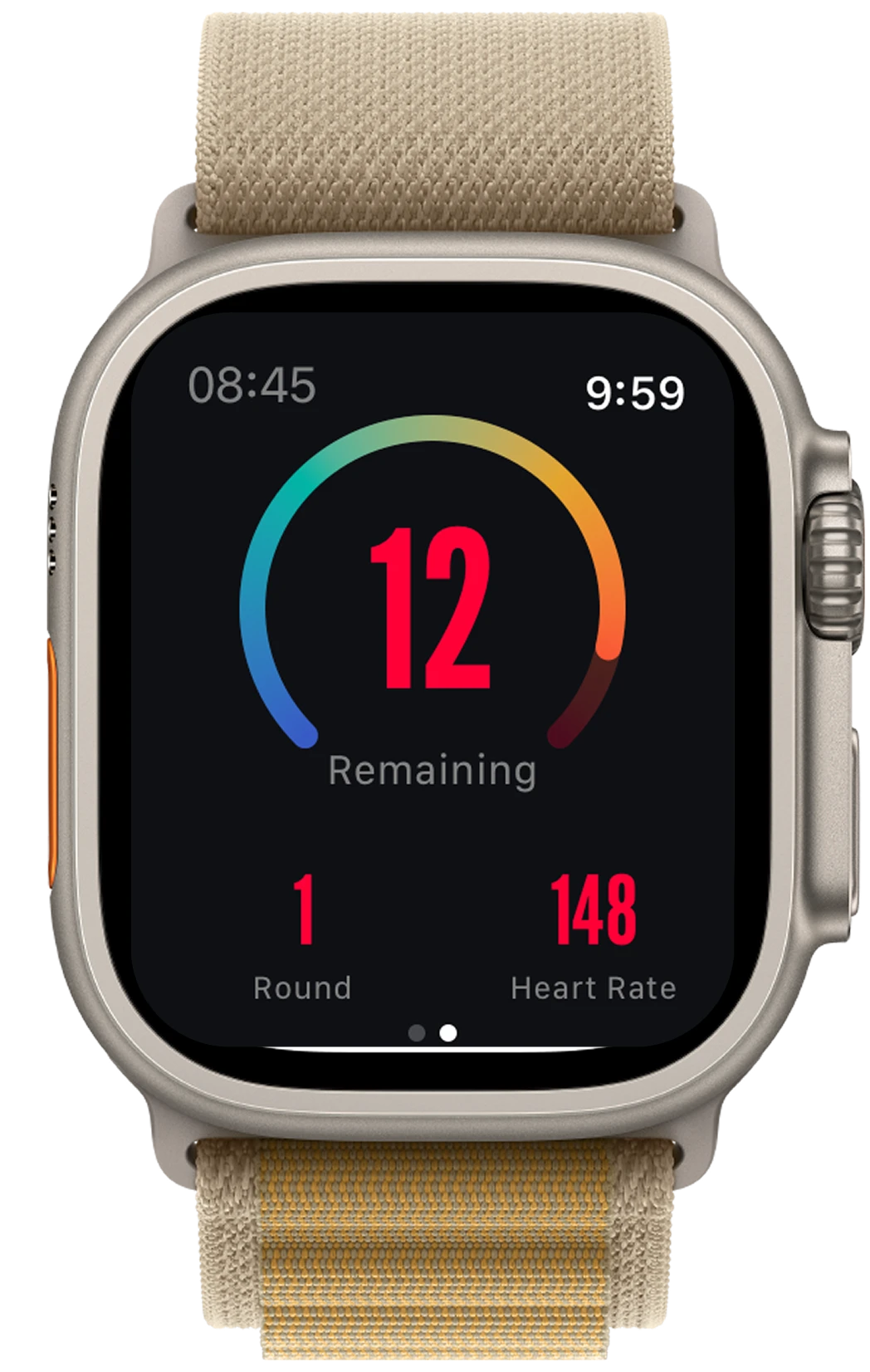 Apple Watch companion displaying workout progress and heart rate. Watch not included.
