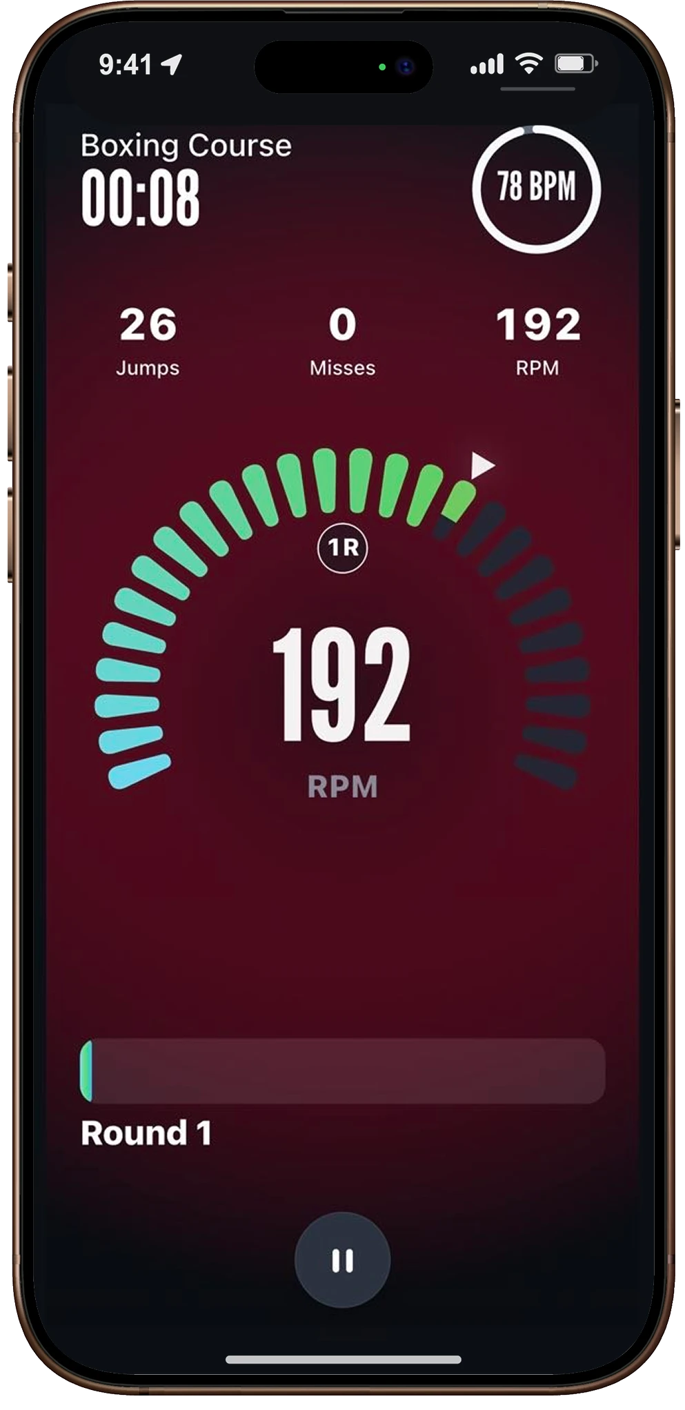 RAYNOLSE app showing jump count, misses, pace and guided workout progress. Phone not included.